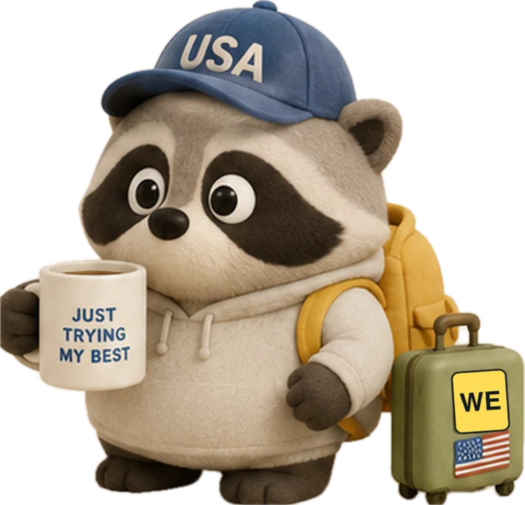 站長 Racco：戴著 USA 棒球帽、背著黃色後背包的浣熊，一手拿馬克杯，旁邊是行李箱